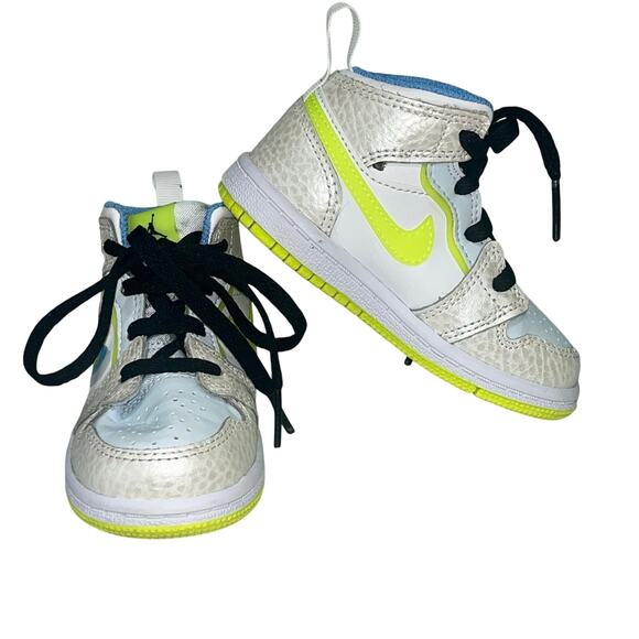 Nike Air Jordan 1 Mid Neon Yellow White Blue Toddler Boy's 5.5 Shoe DV1322-017 - Picture 1 of 8